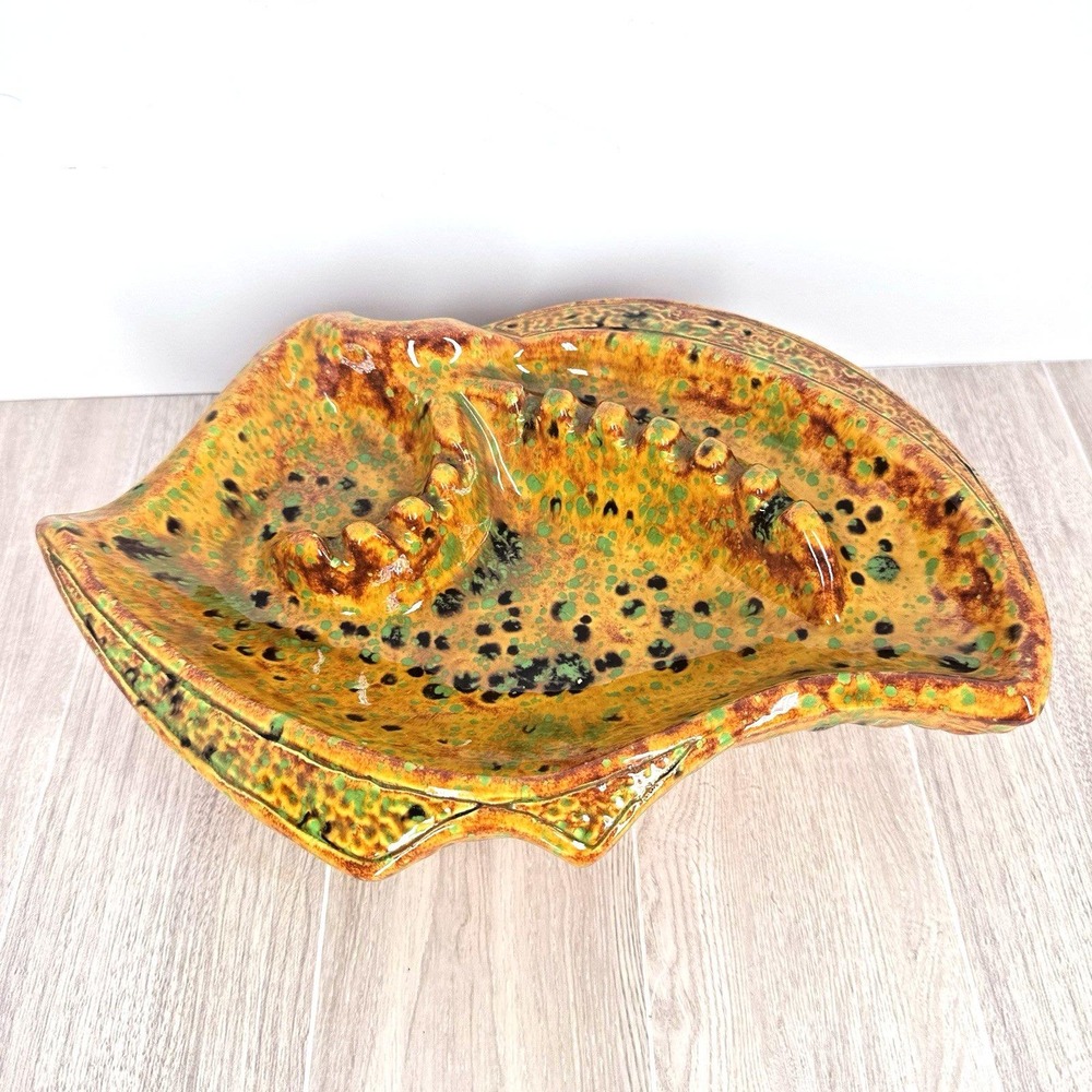 Drip Glaze Art Pottery Leaf Bowl Dish Brown Green Yellow Sculpted